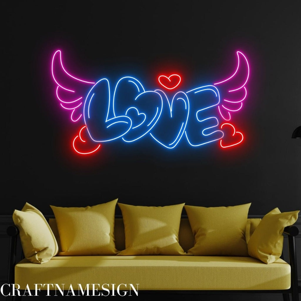 LOVE Yazılı Melek Kanatlı ve Kalpli LED Neon Tabela - Duvar Dekoru