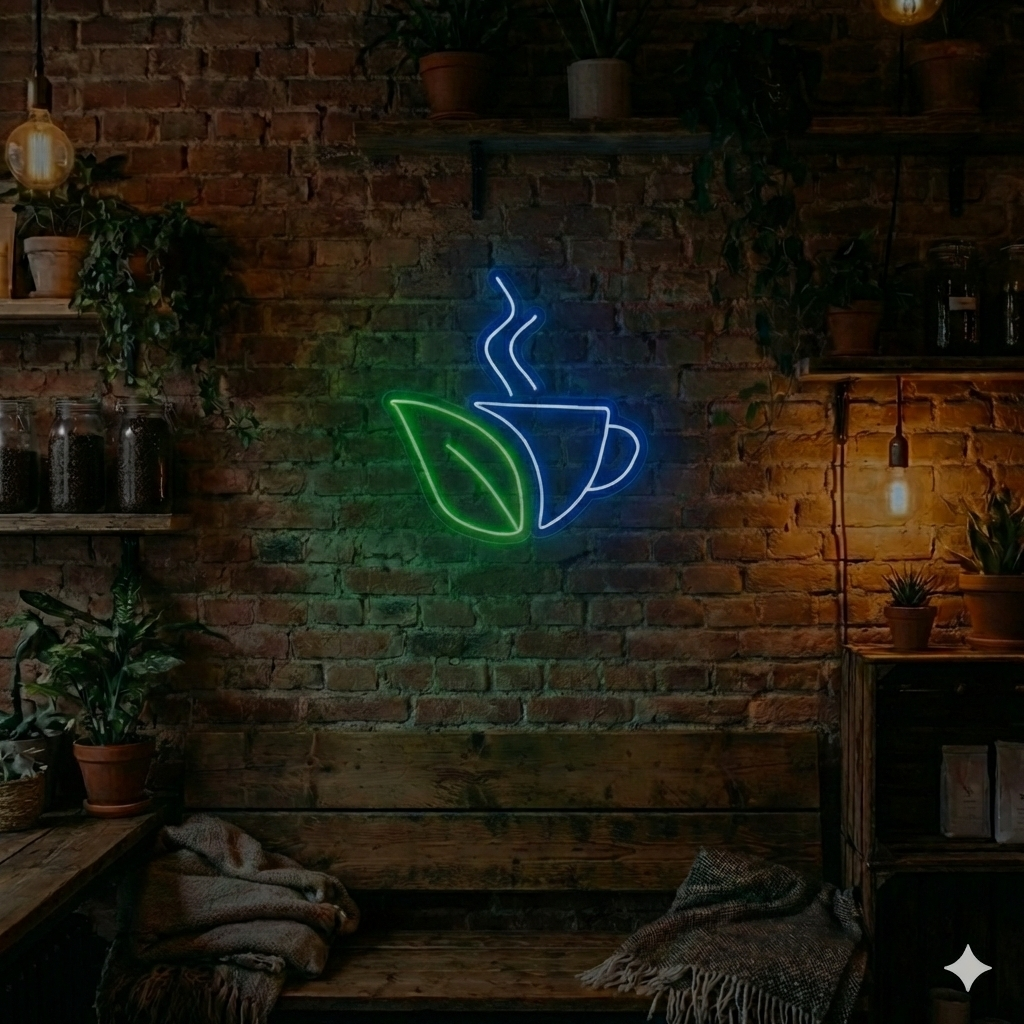 Kahve Fincanı ve Yaprak Temalı LED Neon Tabela