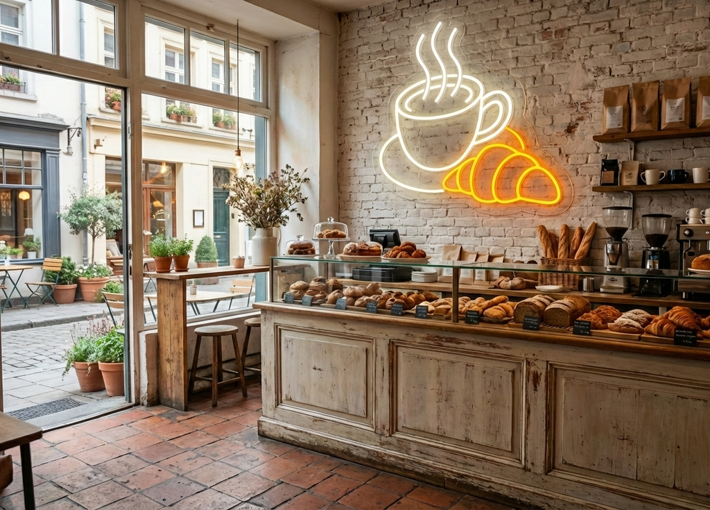 Kahve Fincanı ve Kruvasan Tasarımlı Dekoratif LED Neon Tabela - Kafe ve Pastane Duvar Aydınlatması