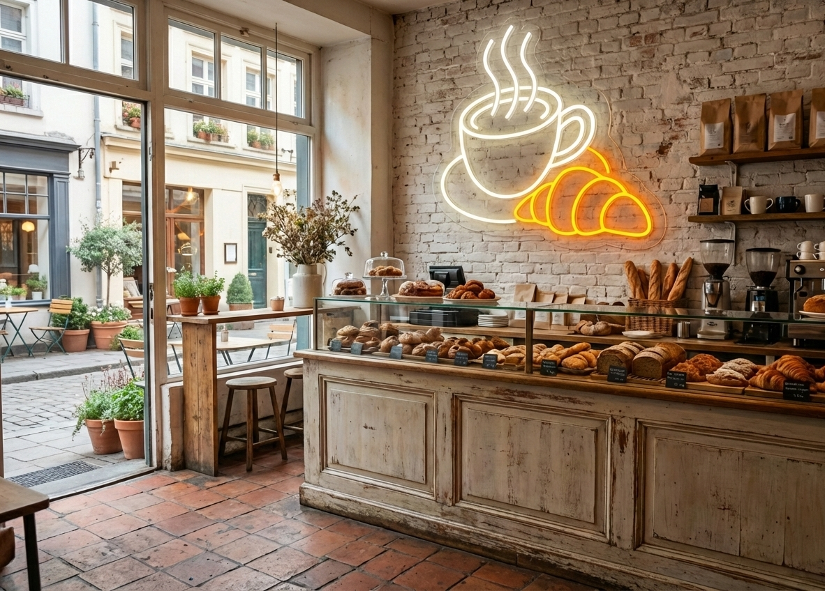 Kahve Fincanı ve Kruvasan Tasarımlı Dekoratif LED Neon Tabela - Kafe ve Pastane Duvar Aydınlatması