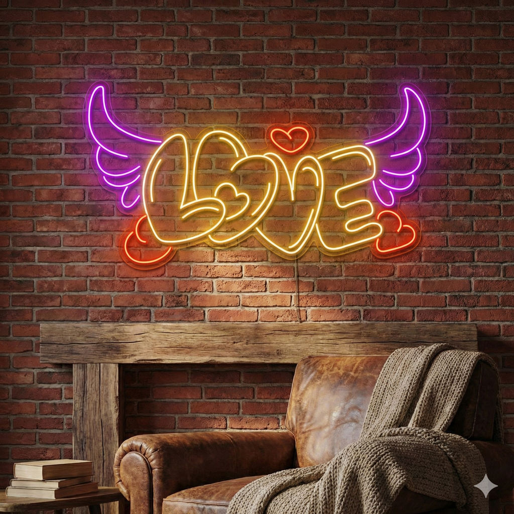 LOVE Yazılı Melek Kanatlı ve Kalpli LED Neon Tabela - Duvar Dekoru