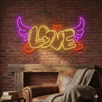 LOVE Yazılı Melek Kanatlı ve Kalpli LED Neon Tabela - Duvar Dekoru