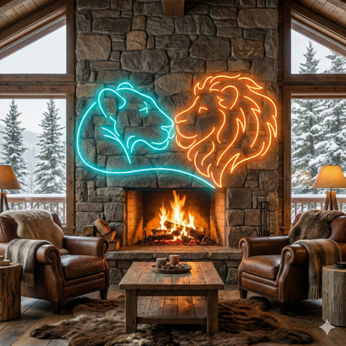 Aslan Çifti Line Art Neon Tabela