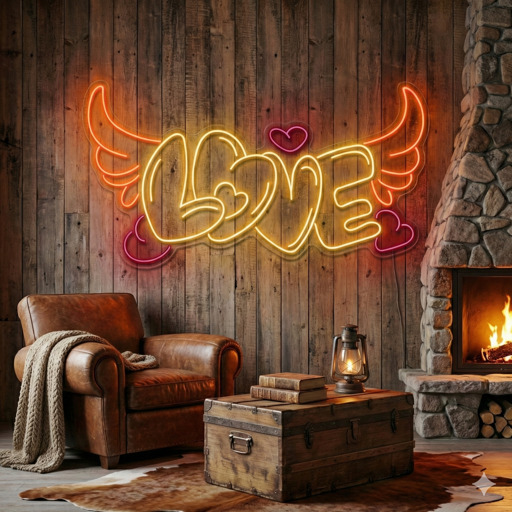LOVE Yazılı Melek Kanatlı ve Kalpli LED Neon Tabela - Duvar Dekoru