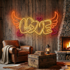 LOVE Yazılı Melek Kanatlı ve Kalpli LED Neon Tabela - Duvar Dekoru