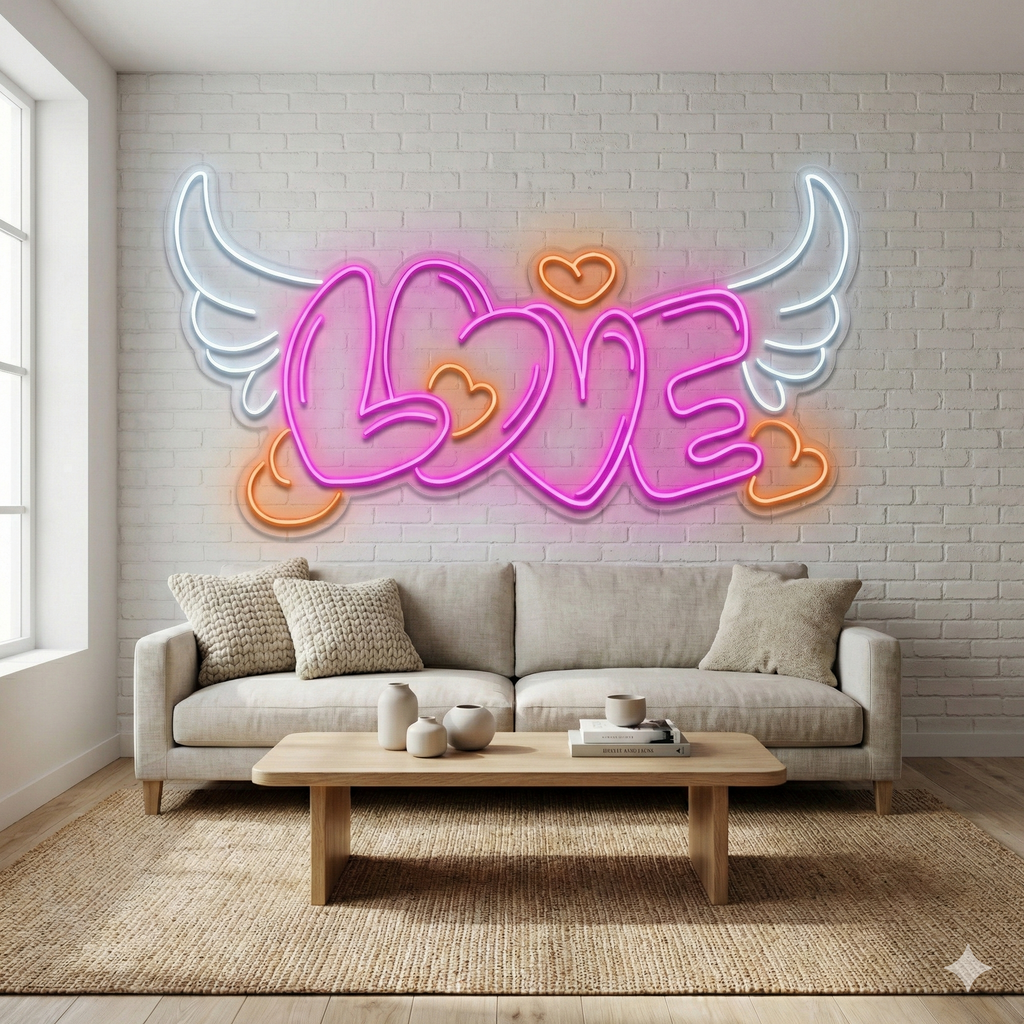 LOVE Yazılı Melek Kanatlı ve Kalpli LED Neon Tabela - Duvar Dekoru