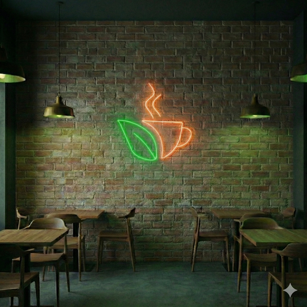 Kahve Fincanı ve Yaprak Temalı LED Neon Tabela