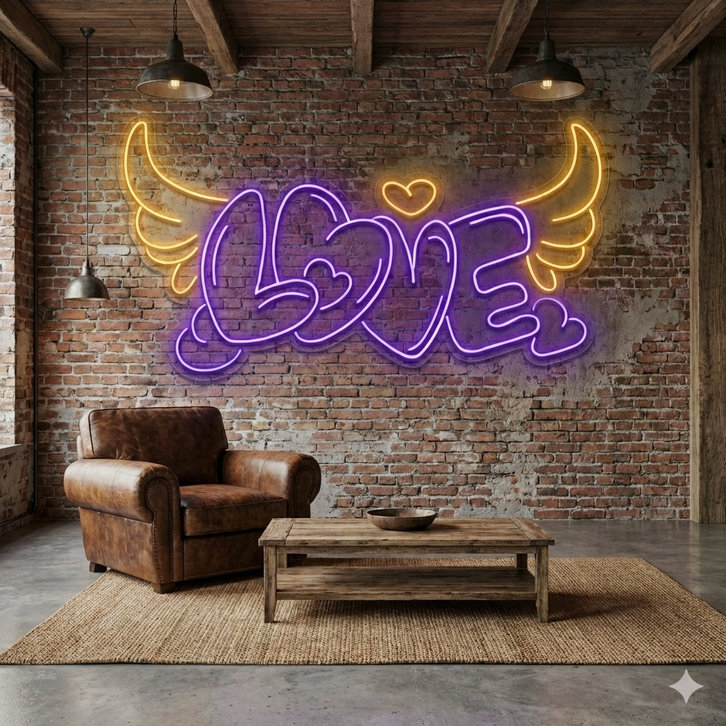 LOVE Yazılı Melek Kanatlı ve Kalpli LED Neon Tabela - Duvar Dekoru