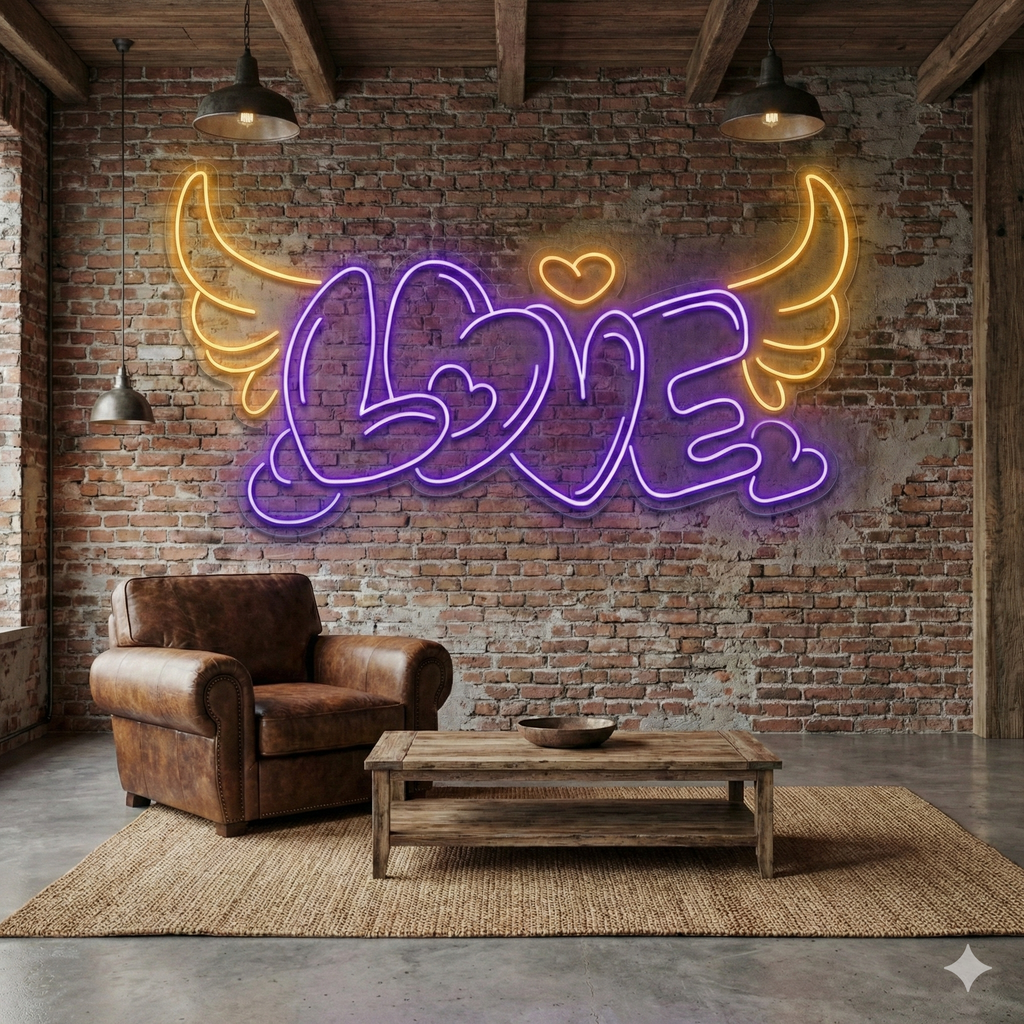LOVE Yazılı Melek Kanatlı ve Kalpli LED Neon Tabela - Duvar Dekoru