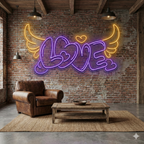 LOVE Yazılı Melek Kanatlı ve Kalpli LED Neon Tabela - Duvar Dekoru