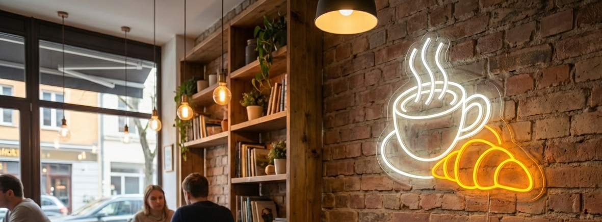 Kahve Fincanı ve Kruvasan Tasarımlı Dekoratif LED Neon Tabela - Kafe ve Pastane Duvar Aydınlatması