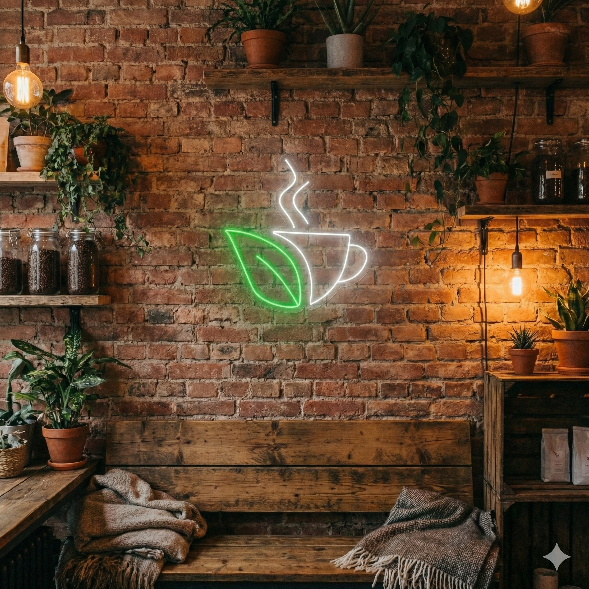Kahve Fincanı ve Yaprak Temalı LED Neon Tabela