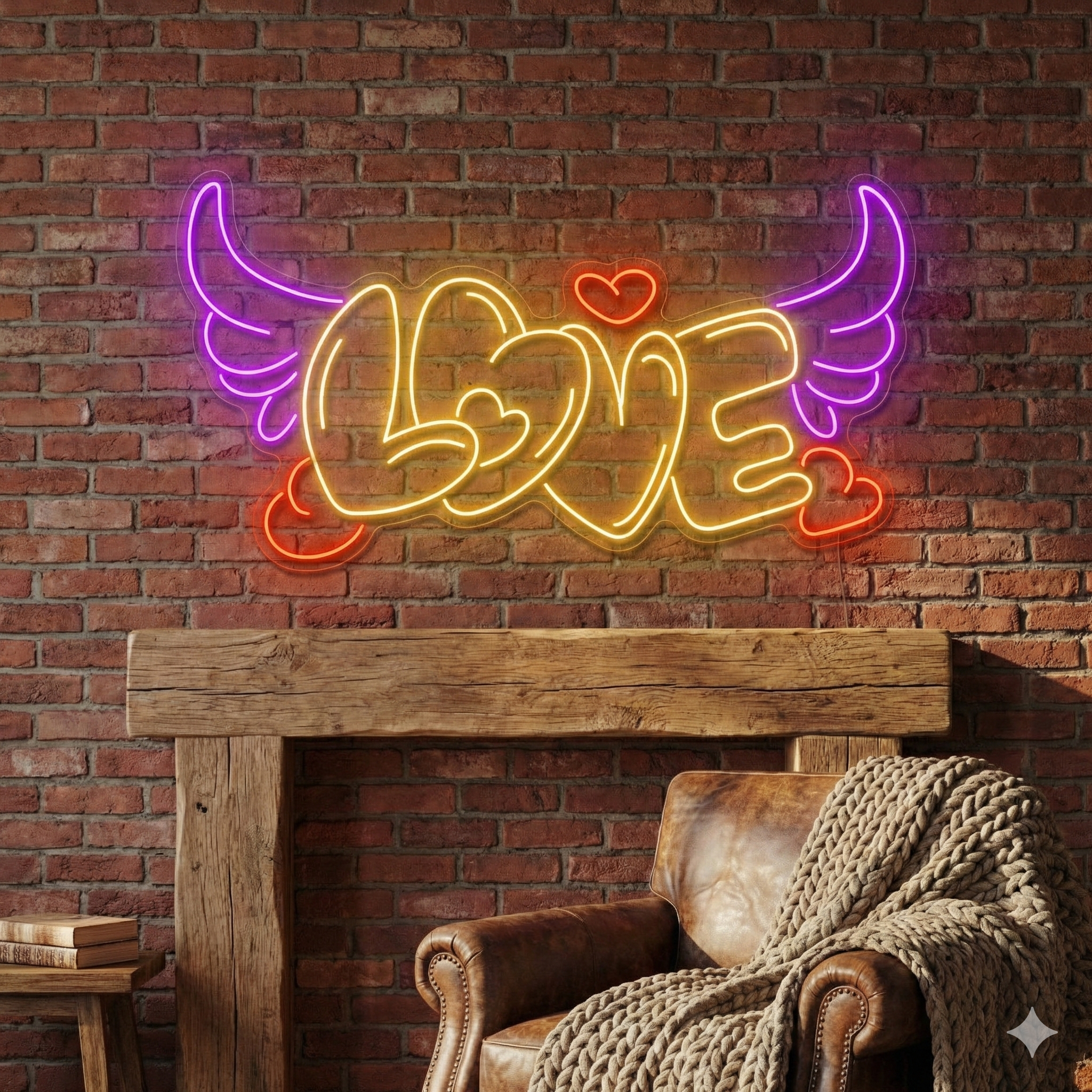 LOVE Yazılı Melek Kanatlı ve Kalpli LED Neon Tabela - Duvar Dekoru
