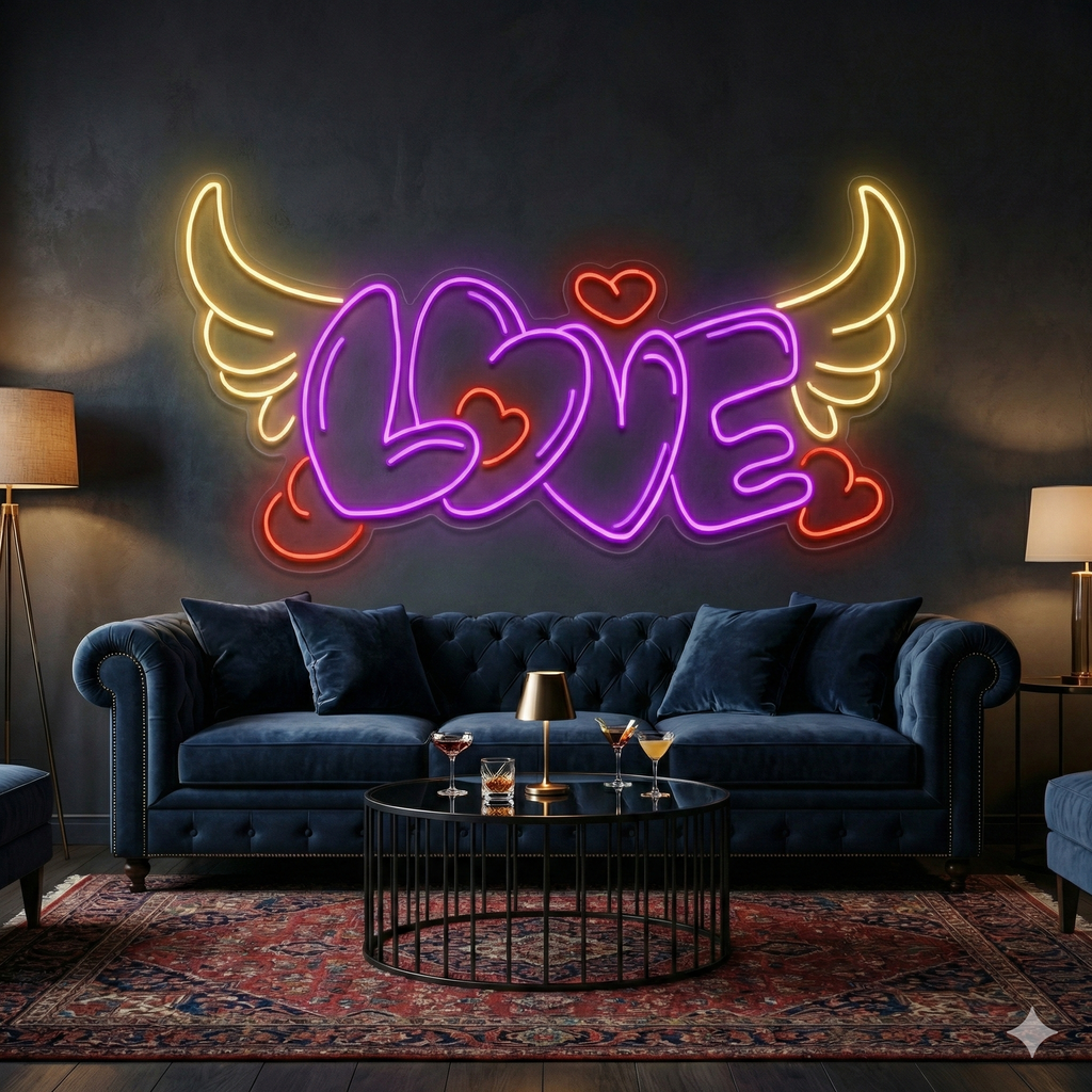 LOVE Yazılı Melek Kanatlı ve Kalpli LED Neon Tabela - Duvar Dekoru