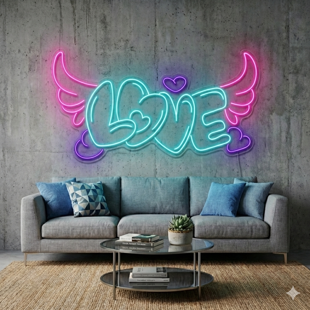 LOVE Yazılı Melek Kanatlı ve Kalpli LED Neon Tabela - Duvar Dekoru