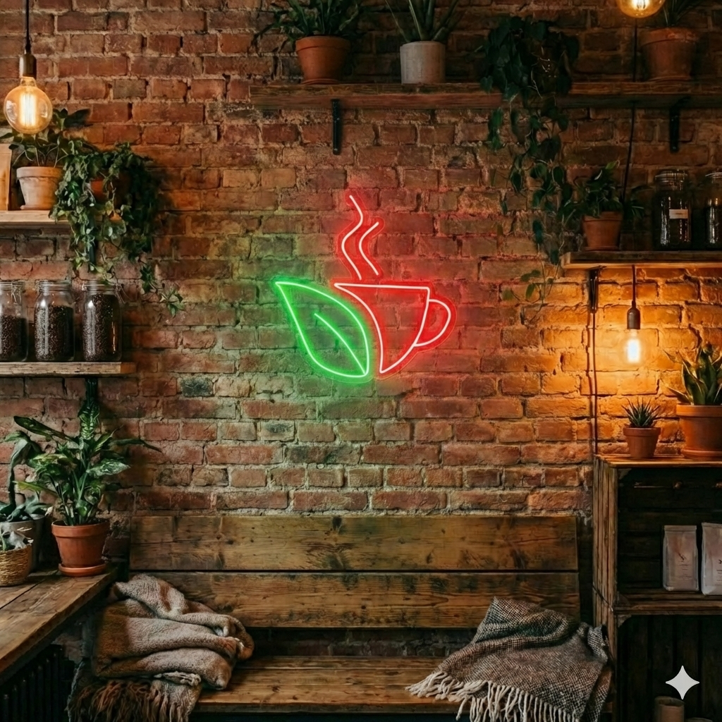 Kahve Fincanı ve Yaprak Temalı LED Neon Tabela