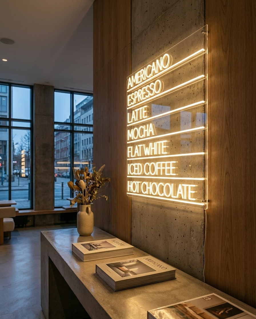 Kahve Menüsü Şeffaf Arka Planlı LED Neon Tabelası - Kafe ve Mutfak İçin Modern Duvar Dekoru