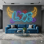 LOVE Yazılı Melek Kanatlı ve Kalpli LED Neon Tabela - Duvar Dekoru